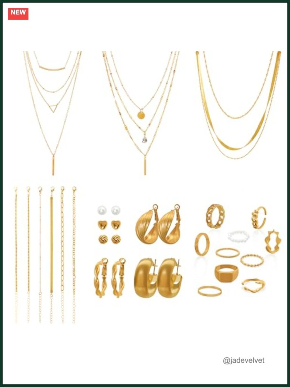 Gold Jewelry Set Multi Layered Necklaces Stackable Bracelets Hoop Earrings Rings